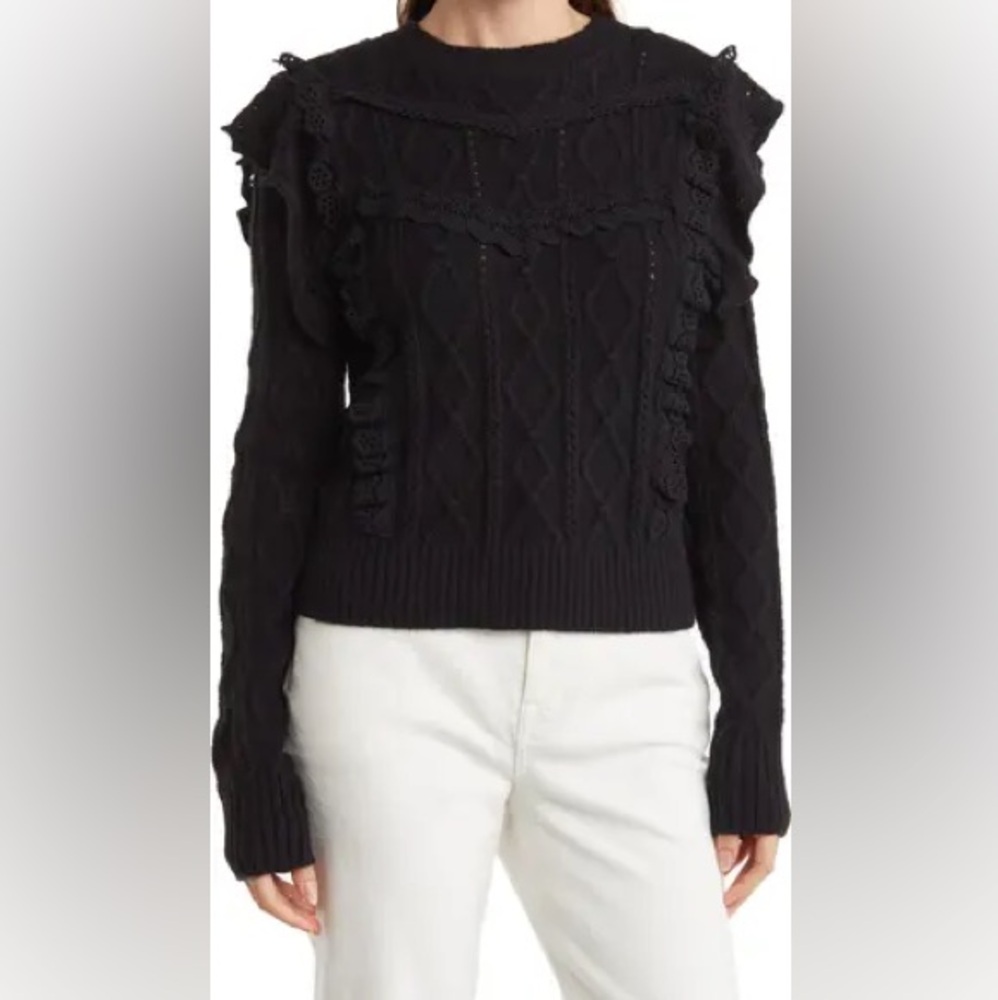 Grey Collective Ruffle Detail Crochet Navy Sweater NWOT, size L